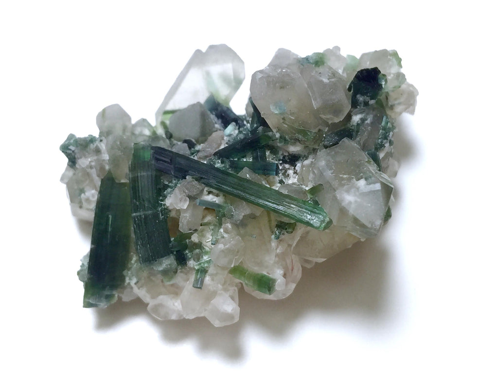 Green Tourmaline Crystal Cluster on Quartz Matrix, Afghanistan Specimen