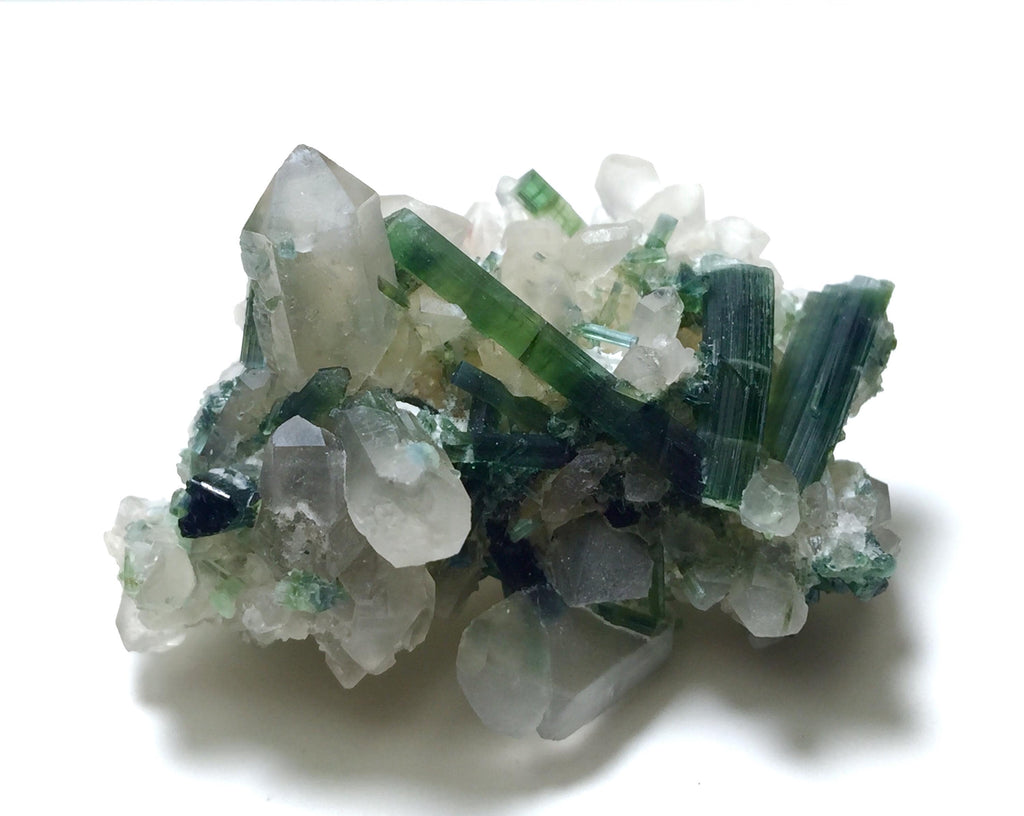 Green Tourmaline Crystal Cluster on Quartz Matrix, Afghanistan Specimen