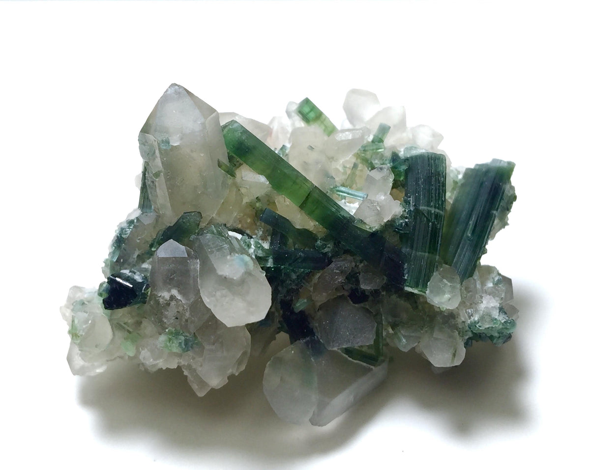 Green Tourmaline Crystal Cluster on Quartz Matrix, Afghanistan Specimen