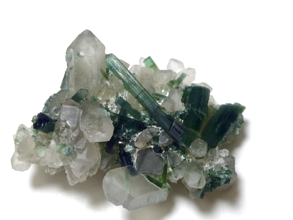 Green Tourmaline Crystal Cluster on Quartz Matrix, Afghanistan Specimen