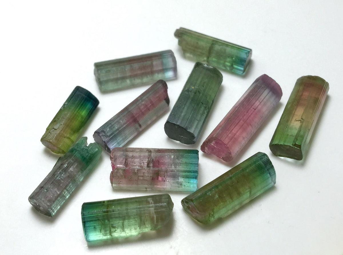 Bi-Color Tourmaline Crystal Lot – 11pc Pendant-Size Natural Peche Mine Afghanistan Specimens