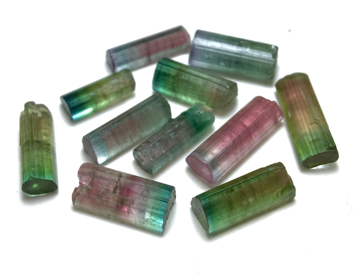 Bi-Color Tourmaline Crystal Lot – 11pc Pendant-Size Natural Peche Mine Afghanistan Specimens