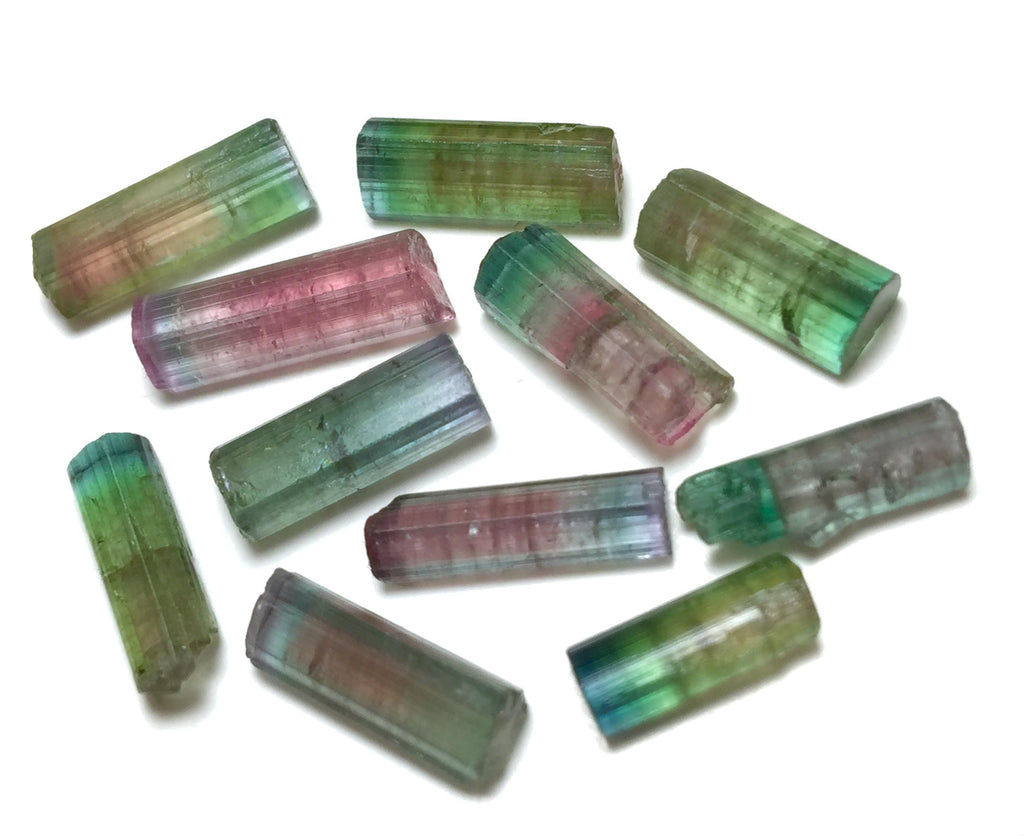 Bi-Color Tourmaline Crystal Lot – 11pc Pendant-Size Natural Peche Mine Afghanistan Specimens