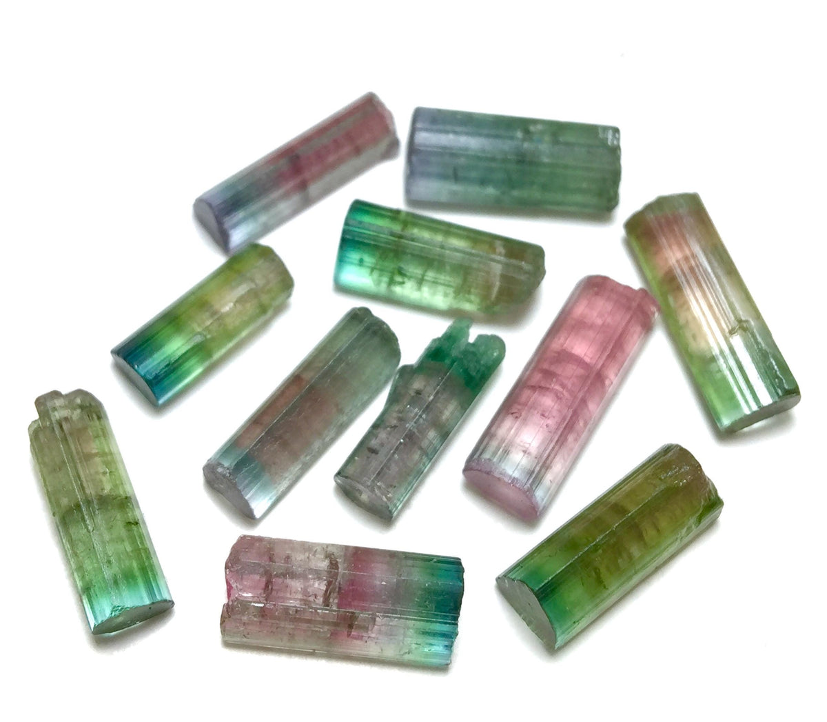 Bi-Color Tourmaline Crystal Lot – 11pc Pendant-Size Natural Peche Mine Afghanistan Specimens