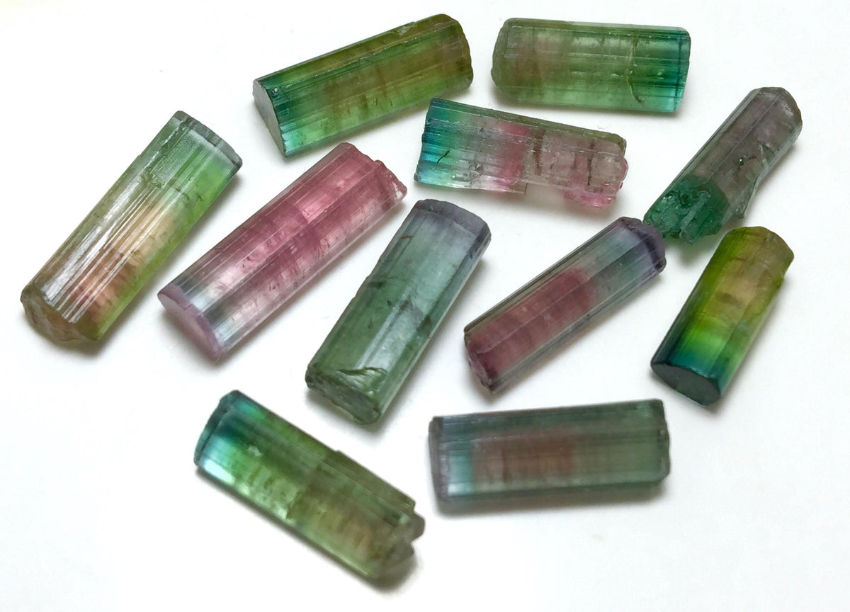 Bi-Color Tourmaline Crystal Lot – 11pc Pendant-Size Natural Peche Mine Afghanistan Specimens