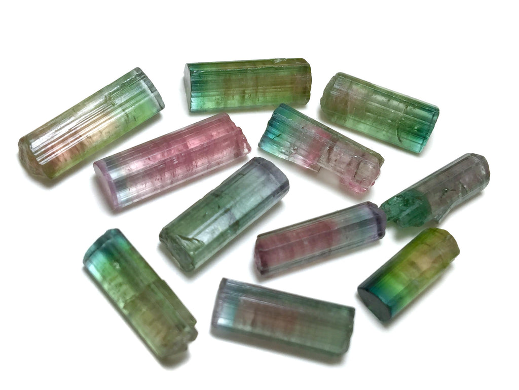 Bi-Color Tourmaline Crystal Lot – 11pc Pendant-Size Natural Peche Mine Afghanistan Specimens